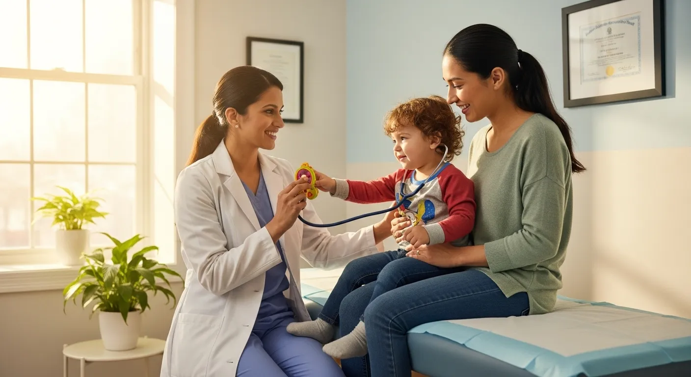 Médico atendiendo a madre e hijo en un consultorio